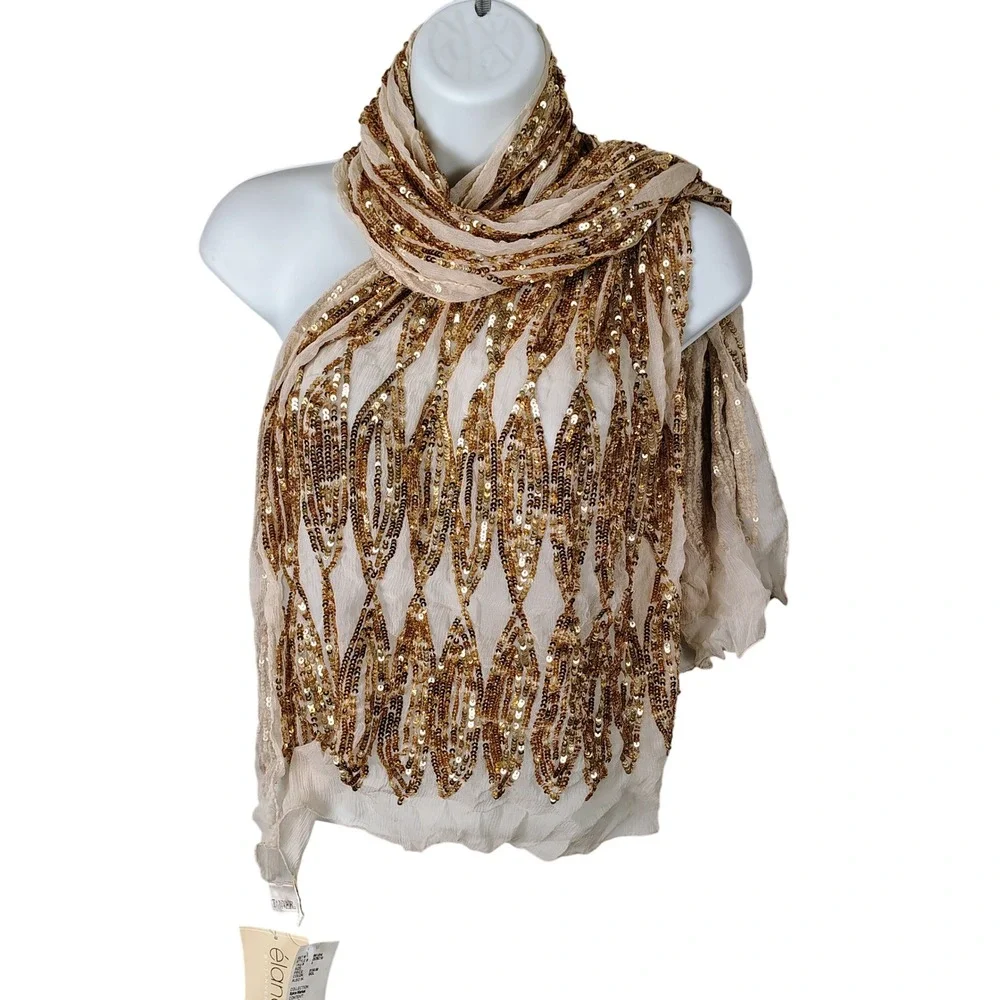 Elana  Gold Sequin 100% Silk Scarf Wrap Spice Market Cream Arabian princess